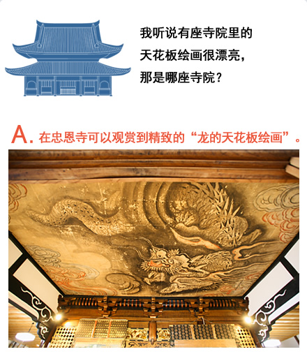 我听说有座寺院里的天花板绘画很漂亮，那是哪座寺院？　A. I在忠恩寺可以观赏到精致的“龙的天花板绘画”。