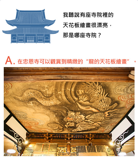 我聽說有座寺院裡的天花板繪畫很漂亮，那是哪座寺院？　A.在忠恩寺可以觀賞到精緻的“龍的天花板繪畫”。